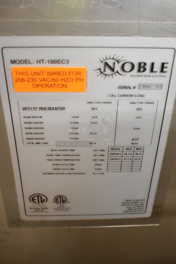 BRAND NEW SCRATCH AND DENT! 2024 Noble HT-180EC3 Stainless Steel Commercial Single Cycle High Temperature Dishwasher, 208/230 Volts, 3 Phase.  - Image 10 of 10