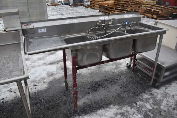 Eagle Stainless Steel Commercial 3 Bay Sink w/ Left Side Drain Board, Faucet, Handles and Spray Nozzle Attachment. 75x27x45. Bays 16x19x10. Drain Board 16x23x1