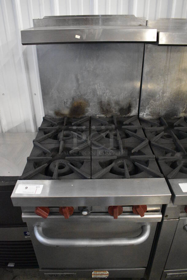 Vulcan Stainless Steel Commercial Natural Gas Powered 4 Burner Range w/ Oven, Over Shelf and Back Splash. 24x30x59