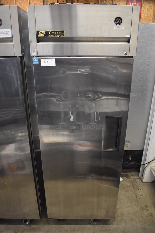 2012 True TG1R-1S ENERGY STAR Stainless Steel Commercial Single Door Reach In Cooler w/ Poly Coated Racks on Commercial Casters. 115 Volts, 1 Phase. 29x35x83. Tested and Working!