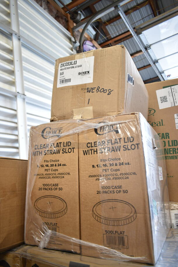 PALLET LOT of 30 BRAND NEW Boxes Including 2 Box 500LFLAT Choice Clear Plastic Flat Lid with Straw Slot - 32 oz. - 500/Case, 2 Box 795PTOKFT3 Choice Kraft Microwavable Folded Paper #3 Take-Out Container 7 3/4" x 5 1/2" x 2 1/2" - 200/Case, Clear Hinged Lid Containers, 2 Choice Black 1.5 oz Portion Cups, 500CC10 Choice 10 oz. Clear PET Plastic Cold Cup - 1000/Case, 2 Box Corrugated White Circles 12", Dinex DX3353IL03 DuraTherm Onyx Insulated 9 oz. Soup Bowl Lid - 48/Case, 2 Box 128HD8COMBO  ChoiceHD 8 oz. Microwavable Translucent Plastic Deli Container and Lid Combo Pack - 240/Case, 2 Box 394365M Medium Noble Gloves, Lavex Black 3946101M Gloves, 2 Box 500CC12 Choice Clear PET Customizable Plastic Cold Cup - 12 oz. - 1000/Case. 30 Times Your Bid! - Image 7 of 12