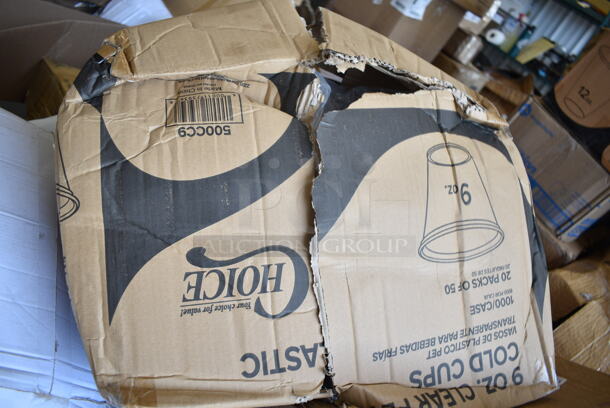 PALLET LOT of 20 BRAND NEW Boxes Including 600-318 Lids, 394385L Noble Gloves, Dart 60HT1 White Foam Hinged Lid Container 6" x 6" x 3" - 500/Case, 2 Box 127SB32COMBO Choice 32 oz. Clear Plastic Salad Bowl with Lid - 150/Case, 130HFWH1M Visions White Heavy Weight Plastic Fork - Case of 1000, 500CC9 Choice 9 oz. Clear PET Customizable Plastic Squat Cold Cup - 1000/Case. 20 Times Your Bid! - Image 11 of 12