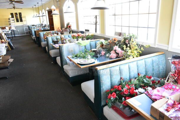 10 Green and Tan Booth Seats; Singles and Doubles. Does Not Include Contents or Tables. 10 Times Your Bid! BUYER MUST REMOVE: Bring Tools and Manpower Needed To Remove This Item. (booth room)  - Image 1 of 8