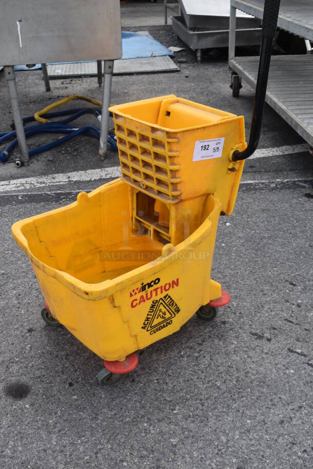 Yellow Poly Mop Bucket w/ Wringing Attachment on Commercial Casters. - Image 3 of 4