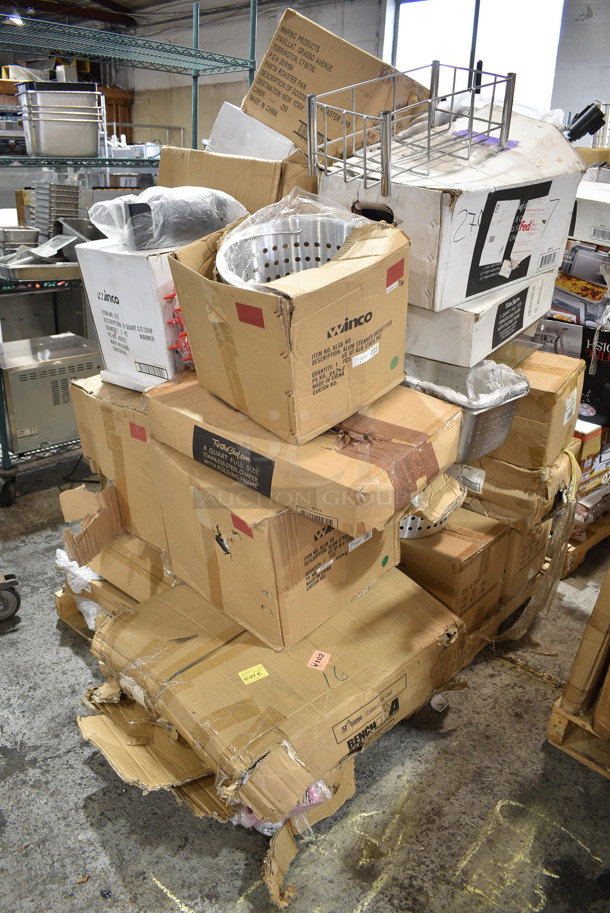 PALLET LOT of 23 BRAND NEW Items/Boxes Including WW150IS, Winco 308A-FM 308A Frame, Winco 207 Soup Warmer, Waring Roaster Pan, Winco TBH-18 Table Number Holders, Winco Aluminum Steamer Basket, Winco 11 Quart Soup Warmer, FortheChef 8 Quart Chafer, BenchUSA 30090 Cotton Candy Cart. 23 Times Your Bid! - Image 1 of 12