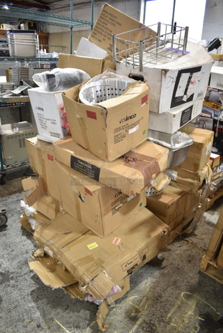 PALLET LOT of 23 BRAND NEW Items/Boxes Including WW150IS, Winco 308A-FM 308A Frame, Winco 207 Soup Warmer, Waring Roaster Pan, Winco TBH-18 Table Number Holders, Winco Aluminum Steamer Basket, Winco 11 Quart Soup Warmer, FortheChef 8 Quart Chafer, BenchUSA 30090 Cotton Candy Cart. 23 Times Your Bid!