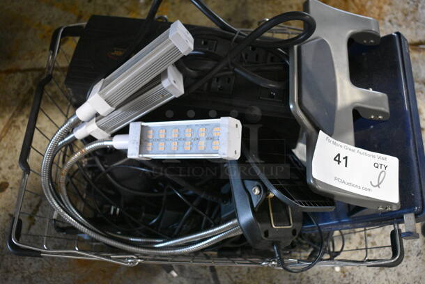 ALL ONE MONEY! Lot of Various Items Including Wires, Lights and Hole Puncher in Metal Wire Basket