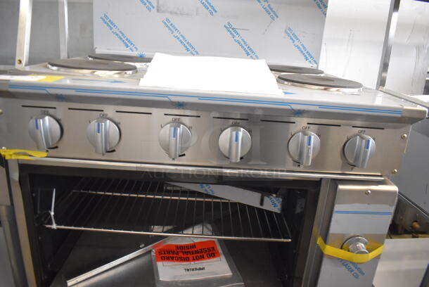BRAND NEW SCRATCH AND DENT! Imperial Range Pro Series IR-6-E Stainless Steel Commercial Electric Powered 6 Round Plate Range w/ Oven, Over Shelf and Back Splash. 240 Volts, 3 Phase. - Image 6 of 10