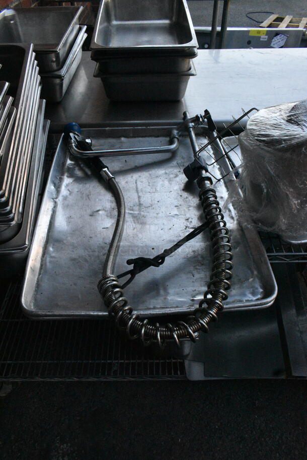 Green Finish 4 Tier Wire Shelving Unit on Commercial Casters w/ Contents including Baskets, Stainless Steel Drop In Bins and Metal Baking Pans. BUYER MUST DISMANTLE. PCI CANNOT DISMANTLE FOR SHIPPING. PLEASE CONSIDER FREIGHT CHARGES. - Image 4 of 8