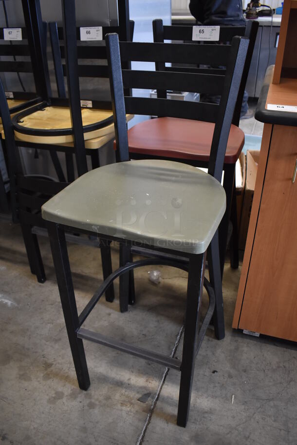 2 Black Metal Bar Height Chairs; Green and Red Seats. 18.5x18x43.5. 2 Times Your Bid! - Image 3 of 4