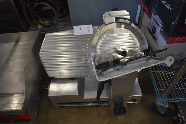 LIKE NEW! Avantco 177SL512 Stainless Steel Commercial Countertop Semi Automatic Gravity Feed Meat Slicer w/ Blade Sharpener. 110-120 Volts, 1 Phase. 25x20x20. Tested and Working!