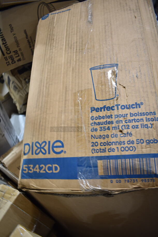 PALLET LOT of 15 BRAND NEW Boxes Including Dart 50HT1 5" x 5" x 3" White Foam Hinged Lid Container - 500/Case, 612509L 9" Round Foil-Laminated Board Lid, 500CC32P Choice Clear PET Plastic Cold Cup - 32 oz. - 500/Case, 5342CD Dixie PerfecTouch Insulated Paper Hot Cup 12 oz. - 1000/Case, 612SL47MED ChoiceHD Smoothwall Silver Medium Oblong Foil Entree / Take-Out Pan with Dome Lid 47.4 oz. - 50/Case. 15 Times Your Bid!  - Image 5 of 8