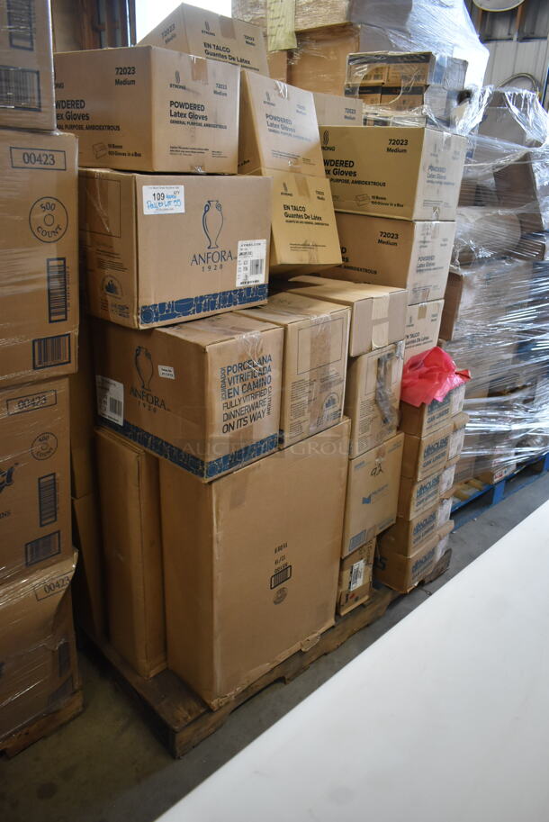 PALLET LOT of 55 BRAND NEW! Boxes Including Anfora Cups, Strong Latex Gloves, Hinnolene Can Liners. 55 Times Your Bid!