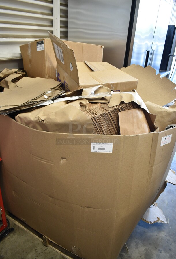 PALLET LOT of 15 BRAND NEW Boxes Including 2451282CBBL Baker's Lane 12" x 8" x 2 1/4" Kraft Auto-Popup Donut / Bakery Box - 200/Bundle, 442CUSHPAD24126YW, 999RSG2 Plastic Shot Glass, Duro Kraft Paper Bags. 15 Times Your Bid! - Image 1 of 10