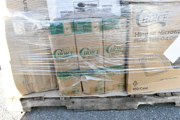 28 BRAND NEW! Boxes Including Lavex Towel Rolls, Tite Dri TDPP-400 Meat Pads, Choice 130BKFKSNSPH Heavy Weight Cutlery Packs, 395RP09 Compostable Plates - 9", Clear Dome Covers, CHoice Plastic Plates. 28 Times Your Bid!  - Image 6 of 12