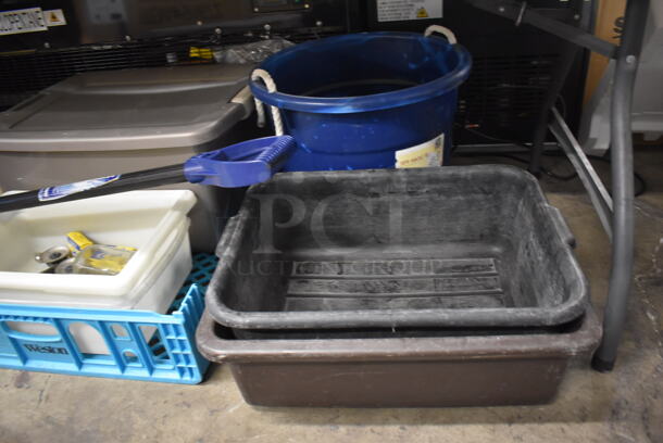 ALL ONE MONEY! Lot of Items Under Table Including Poly Bins, Snow Shovel, 3 Tier Poly Stand - Image 4 of 5