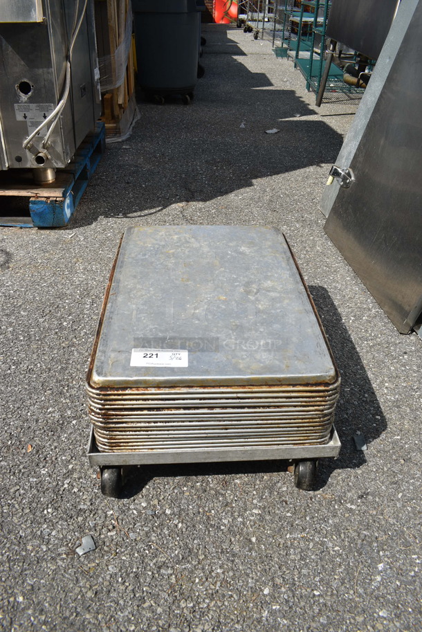 ALL ONE MONEY! Lot Of Steel Baking Sheets On Steel Dolly With Commercial Casters.