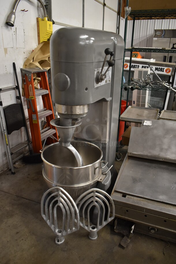 Hobart M-802 Metal Commercial Floor Style 80 Quart Planetary Dough Mixer w/ Stainless Steel Mixing Bowl, Dough Hook and 2 Paddle Attachments. 208 Volts, 3 Phase.