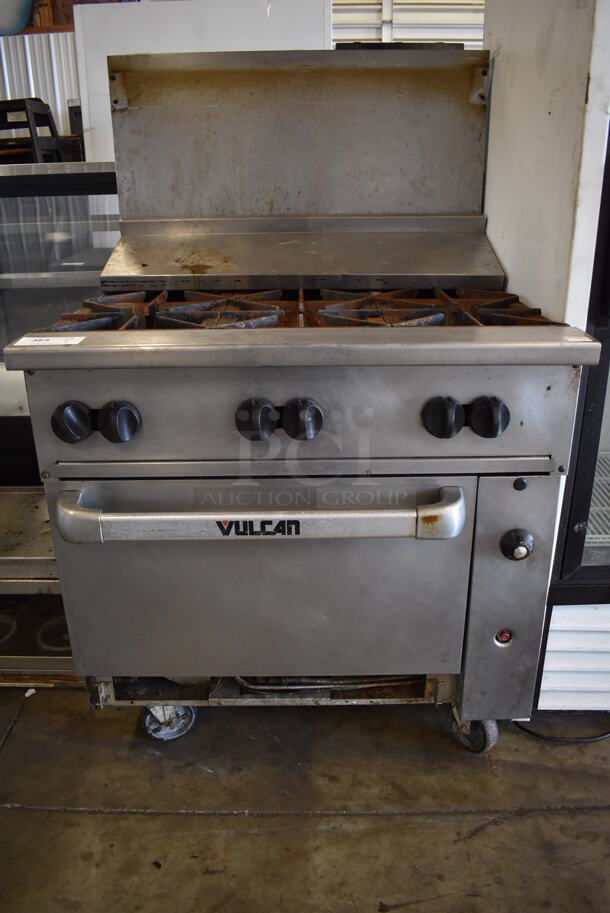 Vulcan Stainless Steel Commercial Natural Gas Powered 6 Burner Range w/ Oven, Back Splash and Over Shelf on Commercial Casters. 36x35x59 - Image 2 of 7