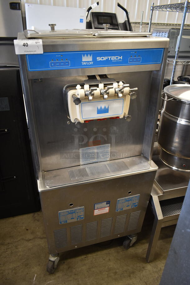Taylor 339-27 Stainless Steel Commercial Floor Style Air Cooled 2 Flavor w/ Twist Soft Serve Ice Cream Machine on Commercial Casters. 208-230 Volts, 1 Phase. 