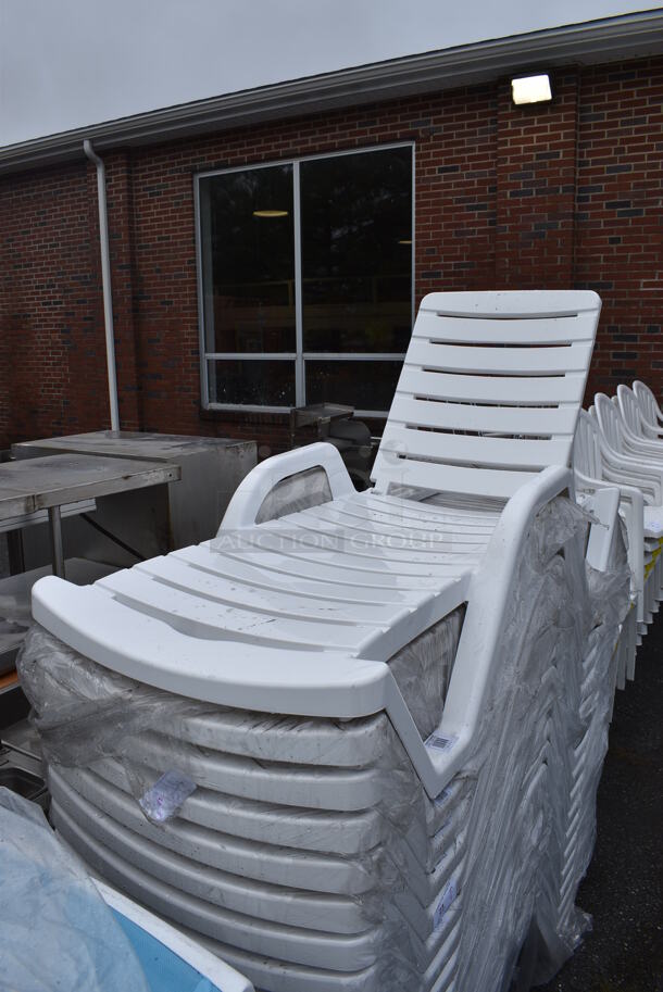 6 BRAND NEW SCRATCH AND DENT! Lancaster Table & Seating White Stacking Adjustable Resin Chaise. 72x28x16. 6 Times Your Bid! - Image 2 of 5