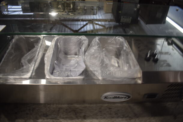 BRAND NEW SCRATCH AND DENT! 2023 KoolMore SCDC-3P-SSL Stainless Steel Commercial Countertop Refrigerated Rail w/ 3 Drop In Bins and Glass Sneeze Guard. 115 Volts, 1 Phase. Tested and Working! - Image 4 of 10