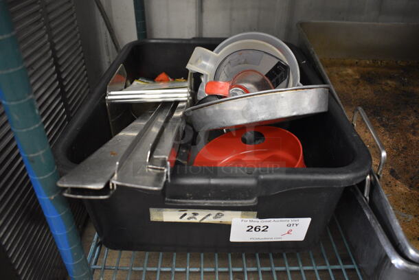 ALL ONE MONEY! Lot of Various Items Including Metal Lid, Adapters and Poly Pitchers in Black Bus Bin! - Image 1 of 4