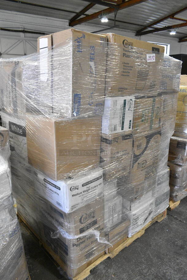 36 BRAND NEW Boxes Including 5008DWALLC Choice 8 oz. Tall Coffee Break Print Smooth Double Wall Paper Hot Cup - 500/Case, 346WSNSM Choice Medium Weight White Wrapped Plastic Spork, Straw, and Napkin Kit - 1000/Case, 500MF963B16 Choice 9" x 6" 1-Compartment Microwaveable Black Mineral-Filled Plastic Hinged Take-Out Container, 130BKFKNSPH Choice Black Heavy Weight Wrapped Plastic Fork and Knife Cutlery Pack with Napkin and Salt and Pepper Packets - 250/Case, 500CC12 Choice Clear PET Customizable Plastic Cold Cup - 12 oz. - 1000/Case, 500TW7 Choice 7 oz. Translucent Thin Wall Plastic Cold Cup - 2500/Case, 130SCB048FL Visions Clear PET Plastic Flat Lid for 24, 32, and 48 oz. Square Bowls - 300/Case, 127RD8BULK Choice 8 oz. Customizable Microwavable Translucent Round Deli Container - 500/Case, 795PTOWHT4 Choice White Microwavable Folded Paper #4 Take-Out Container 7 3/4" x 5 1/2" x 3 1/2" - 160/Case. 36 Times Your Bid!  - Image 1 of 12