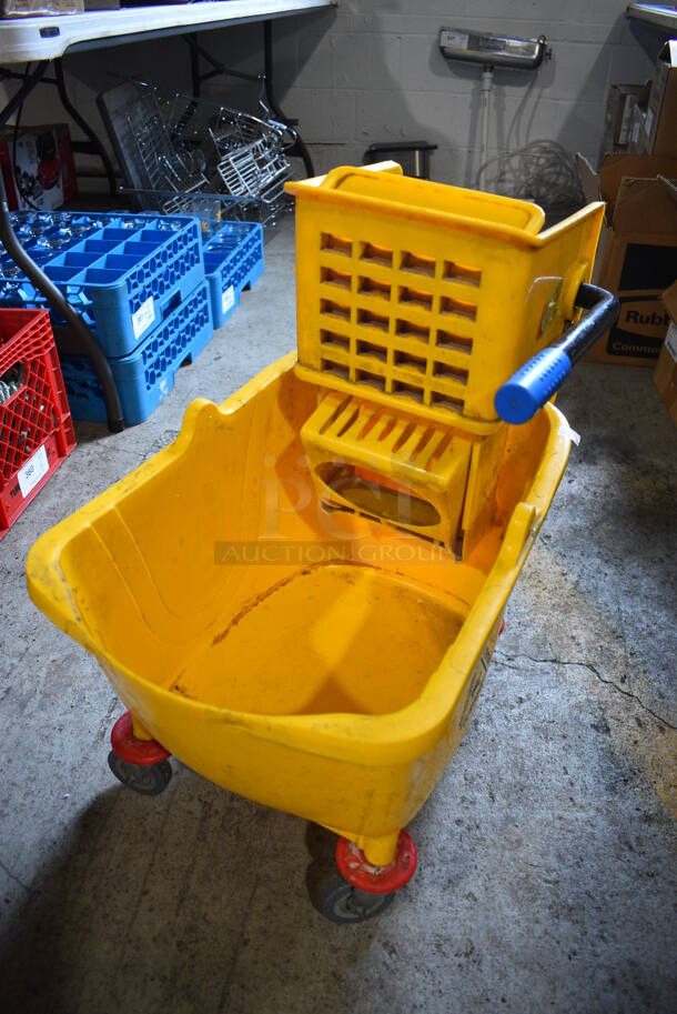 Yellow Poly Mop Bucket w/ Wringing Attachment on Commercial Casters. 13x22x25 - Image 2 of 3