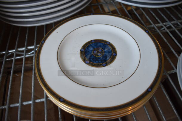 5 White Ceramic Plates w/ Gold and Blue Pattern. 8x8x1. 5 Times Your Bid!