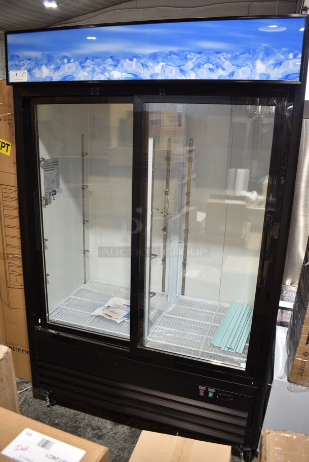 BRAND NEW SCRATCH AND DENT! 2023 Avantco 178GDS47HCB Metal Commercial 2 Door Reach In Cooler Merchandiser w/ Poly Coated Racks on Commercial Casters. 120 Volts, 1 Phase. Tested and Working! - Image 2 of 7