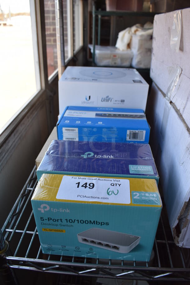 6 Various Items; TP Link 5 Port Desktop Switch, TP Link 8 Port Gigabit Desktop Switch, Linksys 8 Port Ethernet Switch, Cisco Meraki Z3 Router, 2 Ubiquit UAP-AC-PRO Pro Access Point. 6 Times Your Bid! - Image 1 of 12