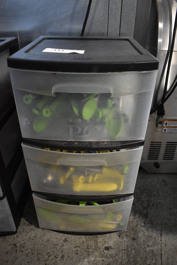 ALL ONE MONEY! Lot of Clear and Black Poly 3 Drawer Cabinet w/ Contents Including Tongs - Image 1 of 6