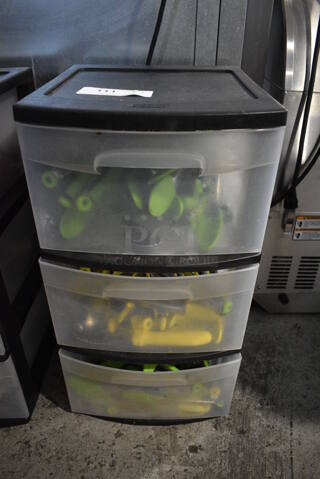 ALL ONE MONEY! Lot of Clear and Black Poly 3 Drawer Cabinet w/ Contents Including Tongs