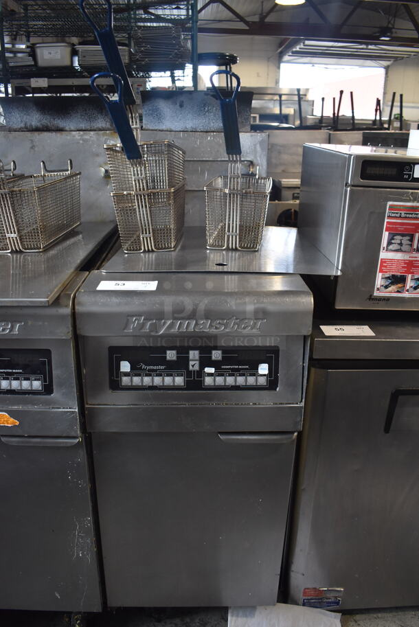 Frymaster Commercial Stainless Steel Natural Gas Fryer With 2 Baskets on Commercial Casters. 1050 BTU.