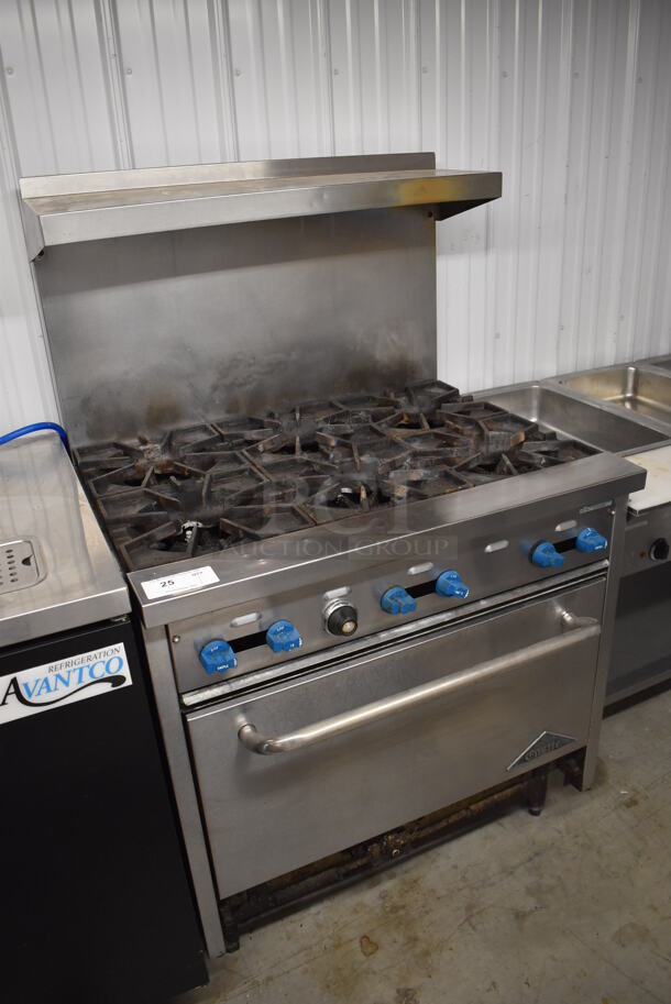 Prince Castle Stainless Steel Commercial Propane Gas Powered 6 Burner Range w/ Oven, Over Shelf and Back Splash. 36x34x60 - Image 2 of 8
