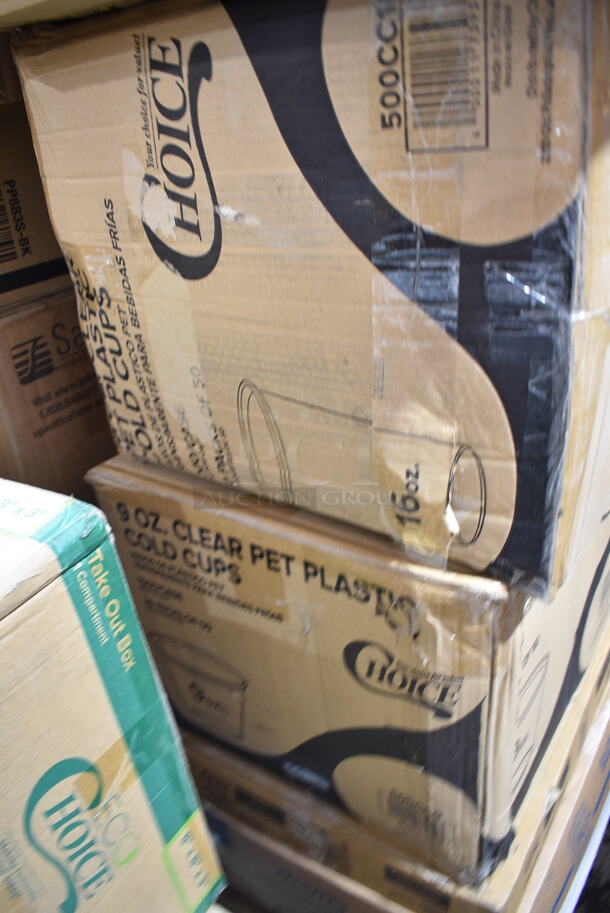 PALLET LOT of 30 BRAND NEW Boxes Including Cambro 12FSP148 Containers, 795PTOKFT8 Microwavable Folded Paper #8 Take-Out Container 6" x 4 5/8" x 2 1/2", 2 Box 500CC16 Choice Clear PET Customizable Plastic Cold Cup - 16 oz. - 1000/Case, 500CC9 Choice 9 oz. Clear PET Customizable Plastic Squat Cold Cup - 1000/Case, 433WHT006 Choice Extra Large Size Grey "Thank You" Medium-Duty Plastic T-Shirt Bag - 450/Case, Dart Clear Straw Slotted Lid, Choice Herringbone Kitchen Towels, 394345L Noble NexGen Powder-Free Disposable Black Hybrid 3 Mil Thick Gloves - Large - 1000/Case, 2 Box 128HD8COMBO ChoiceHD 8 oz. Microwavable Translucent Plastic Deli Container and Lid Combo Pack - 240/Case, 50016C Choice 16 oz. Coffee Print Poly Paper Hot Cup - 1000/Case, 12798 Pacific Blue Dispenser. 30 Times Your Bid!  - Image 7 of 12