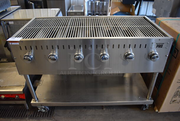 BRAND NEW! Backyard Pro CPBQ-48 Stainless Steel Commercial Propane Gas Powered Charbroiler Grill w/ Under Shelf on Commercial Casters. 52x26x34.5. Tested and Working!