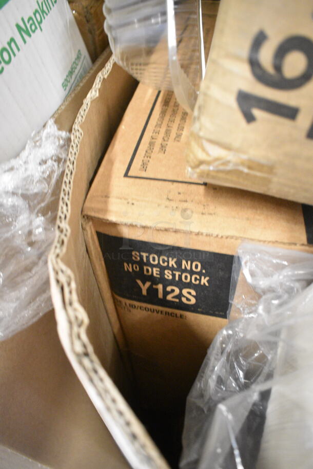 PALLET LOT of 30 BRAND NEW Boxes Including 433QLINERBL Baker's Lane 16x24 Full Size Quilon, 2 Box Choice Neon Jumbo Straws, 130HCUTTWR Visions Individually Wrapped Plastic Spoon, 164WHCKDNAT Lancaster Table & Seating Standard Height Wooden High Chair with Natural Finish - Unassembled, 999RP10 Visions Wave 10" Plates, 500CC16 Choice Clear PET Customizable Plastic Cold Cup - 16 oz. - 1000/Case, Y12S Dart Squat Plastic Cold Cup, P55 Heavy Patty Sheets, 50016C Choice 16 oz. Coffee Print Poly Paper Hot Cup - 1000/Case, Tuxton GAS-008 TuxTrendz Artisan Sagebrush 11 5/8" China Plate - 12/Case, DBP09W Dixie Basic 8 1/2" White Light Weight Paper Plate - 500/Case, 433W4BGC Choice White Paper Bag, Popcorn Bags. 30 Times Your Bid! - Image 11 of 12