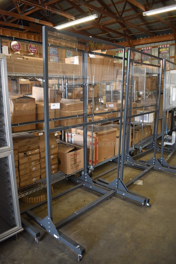 6 Portable Sneeze Guard Dividers w/ Gray Metal Frames on Commercial Casters. 48x37x80. 6 Times Your Bid!
