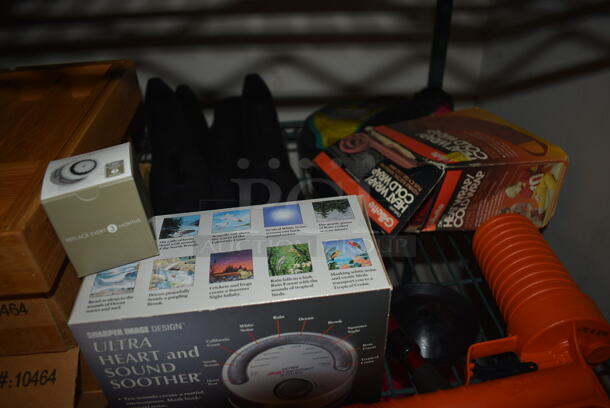 ALL ONE MONEY! Tier Lot of Various Items Including Ultra Heart and Sound Soother, Wooden Utensil Drawer Organizer, Heat/Cold Wrap, Brushes, and Wall Mount Clocks - Image 2 of 7