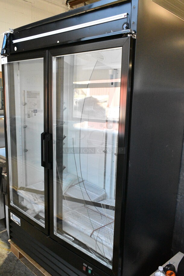 BRAND NEW SCRATCH AND DENT! 2024 Avantco 178GDC49HCB 53" Black Customizable Swing Glass Door Merchandiser Refrigerator with LED Lighting. See Pictures for Broken Glass on Door. 115 Volts, 1 Phase. Tested and Working! - Image 2 of 9