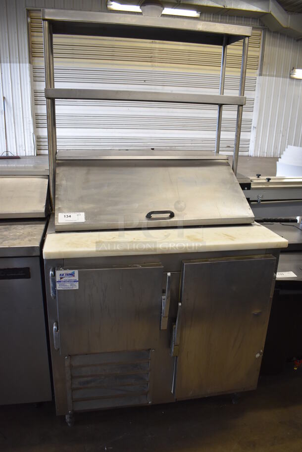 Leader Stainless Steel Commercial Sandwich Salad Prep Table Bain Marie Mega Top w/ 2 Tier Over Shelf and Various Drop In Bins. 115 Volts, 1 Phase. 36x32x70. Tested and Powers On But Does Not Get Cold