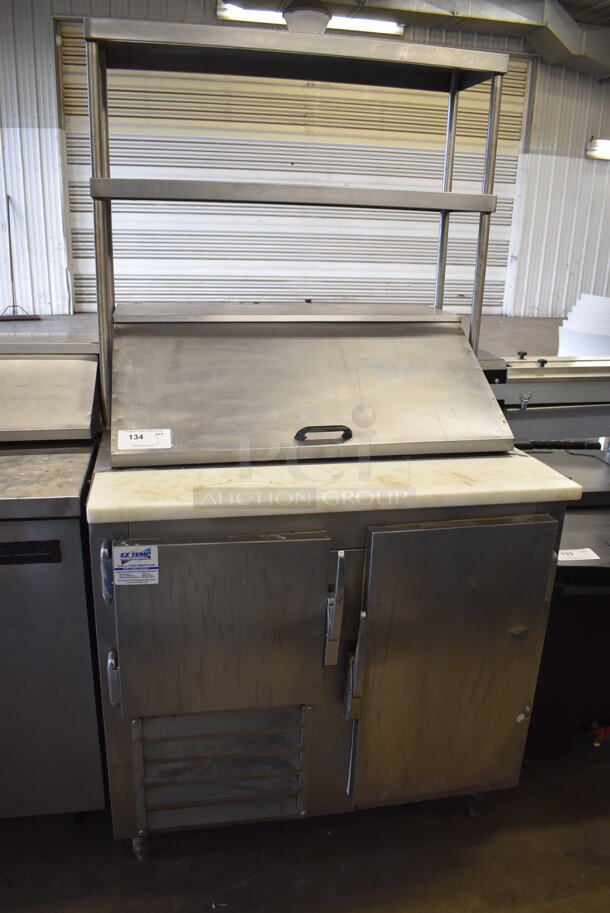 Leader Stainless Steel Commercial Sandwich Salad Prep Table Bain Marie Mega Top w/ 2 Tier Over Shelf and Various Drop In Bins. 115 Volts, 1 Phase. 36x32x70. Tested and Powers On But Does Not Get Cold - Image 1 of 8