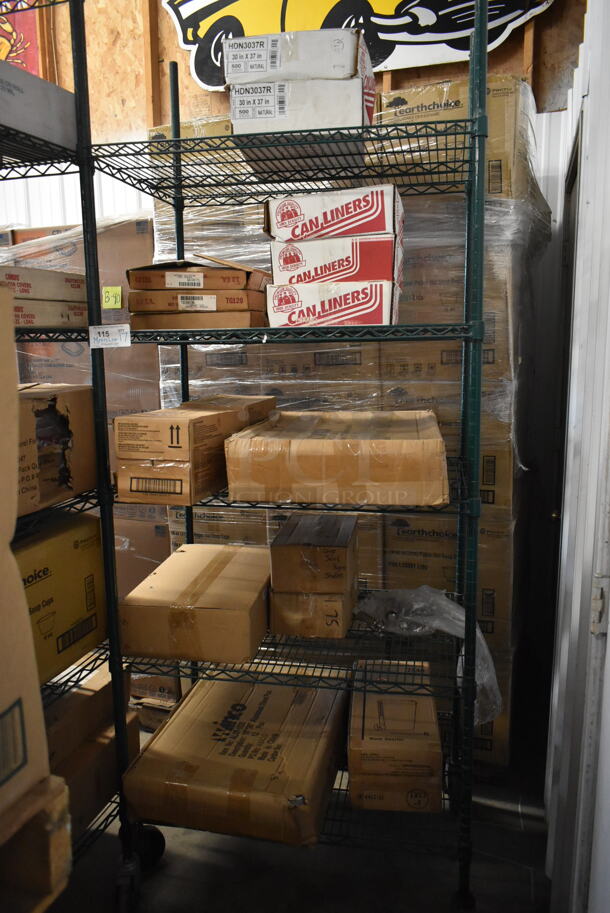 ALL ONE MONEY! METRO LOT of 17 Various Boxes Including Can Liners, HDN3037R Bags,  Winco ALXP-1826 Aluminum Steel Pans, Legs, Rubbermaid Wastebaskets. Does Not Include Shelving Unit. 