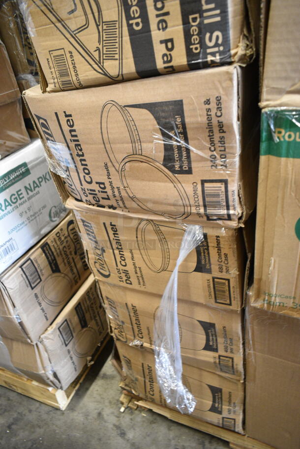 PALLET LOT of 30 BRAND NEW Boxes Including 795PTOKFT3 Choice Kraft Microwavable Folded Paper #3 Take-Out Container 7 3/4" x 5 1/2" x 2 1/2" - 200/Case, 128HD8BULK ChoiceHD 8 oz. Microwavable Translucent Plastic Deli Container - 480/Case, 2 Box 5008W Choice 8 oz Paper Hot Cups, 5 Box 502404816CL Lavex 40-45 Gallon 16 Micron 40" x 48" High Density Janitorial Can Liner / Trash Bag - 250/Case, 3 Box 128HD16BULK ChoiceHD 16 oz. Microwavable Translucent Plastic Deli Container - 480/Case, 128HD12COMBO ChoiceHD 12 oz. Microwavable Translucent Plastic Deli Container and Lid Combo Pack - 240/Case, 127CH24 Choice 24 oz. Clear RPET Hinged Deli Container - 200/Case, 500CFT Lavex White C-Fold Standard Weight Towel - 2400/Case, QHXR050 Tuxton Ramekins, 395RP07 EcoChoice Compostable Sugarcane / Bagasse 7" Plate - 1000/Case, 9PWCR Dart Plates, CCP-9-SQ 9 oz Squat Cold Cups, 2 Box 394EN502M Noble Products Powder-Free Disposable Blue Exam Grade Nitrile 4 Mil Thick Textured Gloves - Medium - 1000/Case, 966UPWIDEKFT 2-Ply Wide Interfold 6 1/2" x 8 1/2" Dispenser Napkin, Choice 16 oz Cups. 30 Times Your Bid! - Image 7 of 12