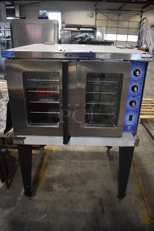 BRAND NEW! Baker's Pride Model GDCO-E1 Stainless Steel Commercial Electric Powered Full Size Convection Oven w/ View Through Doors, Metal Oven Racks and Thermostatic Controls on Legs. 240 Volts, 1 Phase. 38x43x55.5