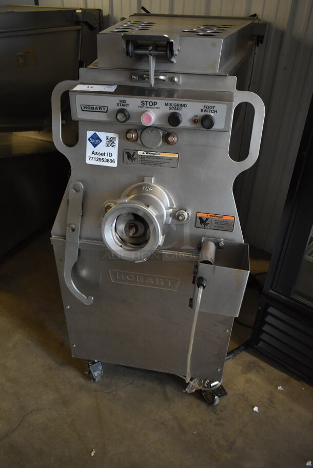 2016 Hobart MG2032 Metal Commercial Floor Style Electric Powered Meat Mixer Grinder w/ Foot Pedal on Commercial Casters. 208 Volts, 3 Phase. Tested and Working!