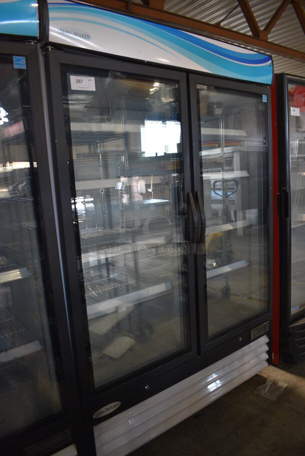 Serv-Ware GR-48 ENERGY STAR Metal Commercial 2 Door Reach In Cooler Merchandiser w/ Poly Coated Racks on Commercial Casters. 115 Volts, 1 Phase. 54x32x82. Tested and Working! - Image 2 of 5