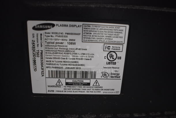 Samsung PN60E630A3F 60" Plasma Television. Buyer Must Pick Up - We Will Not Ship This Item - Image 5 of 5